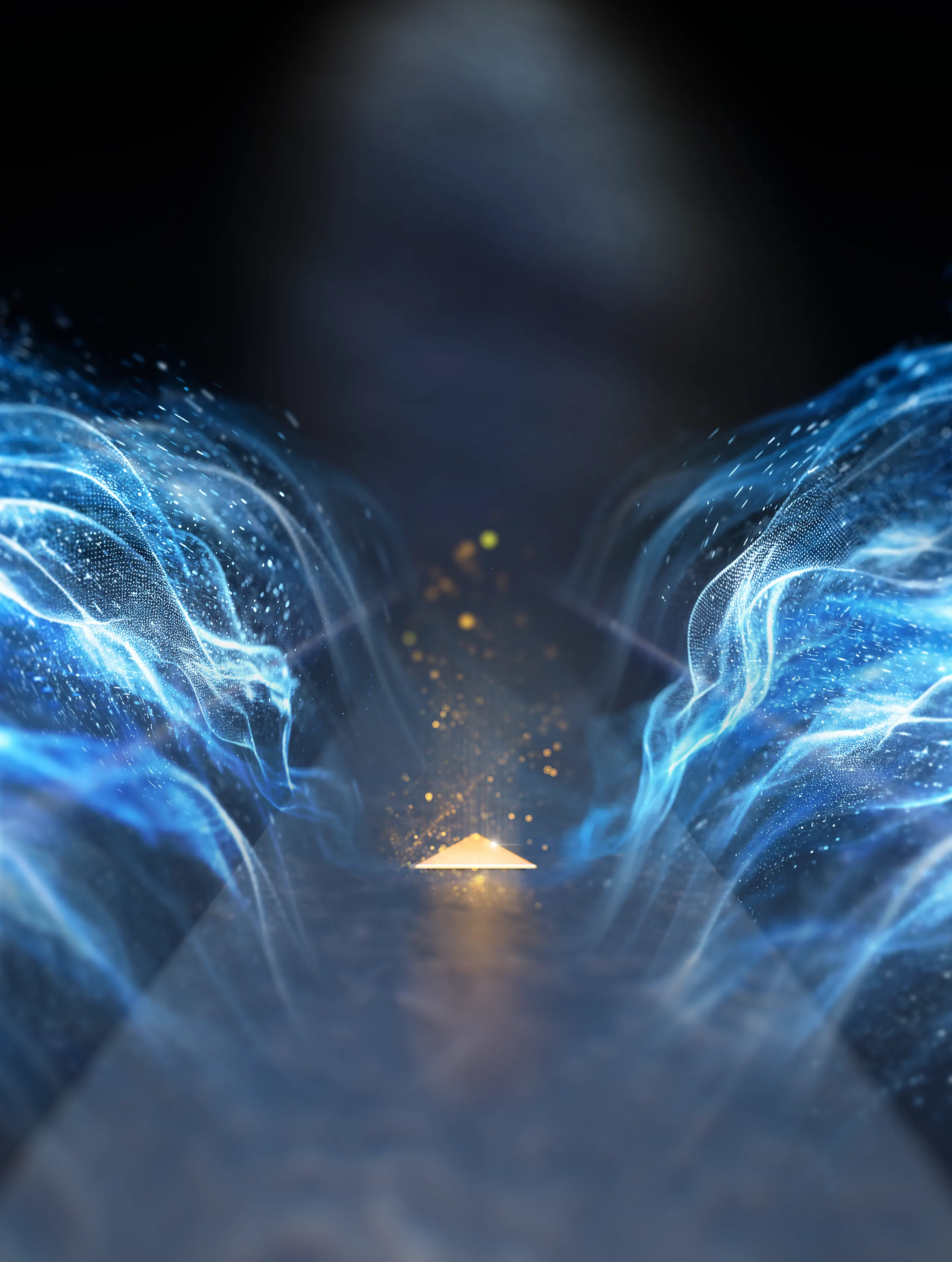 A golden crystal glowing between waves of blue particles, symbolizing 2D semiconductor growth